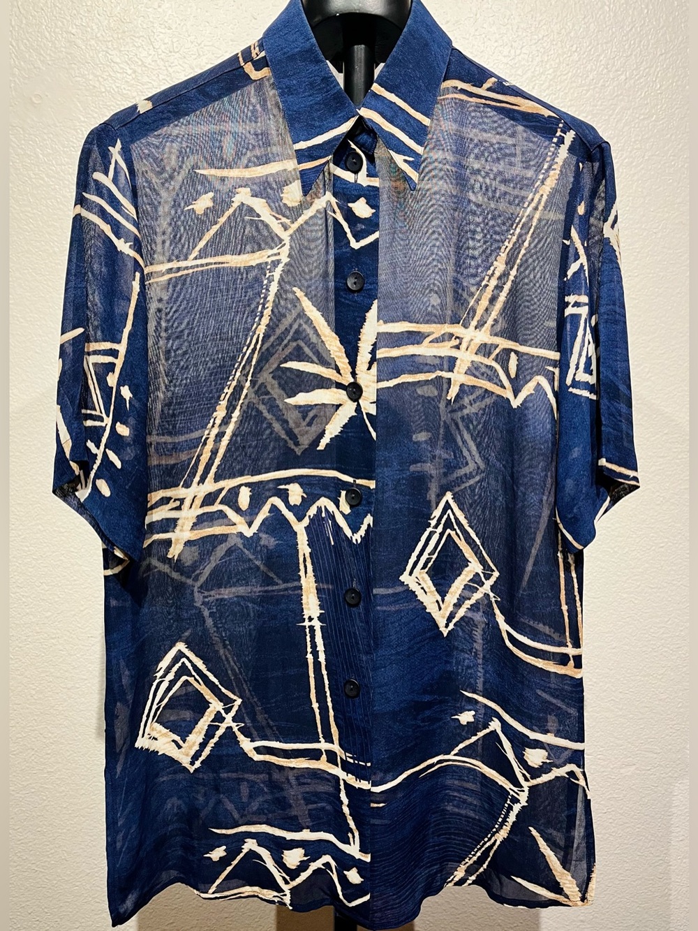 Hämmerle Navy Blue Geometric Button-Down Semi-Sheer Shirt - Size S (Women’s)